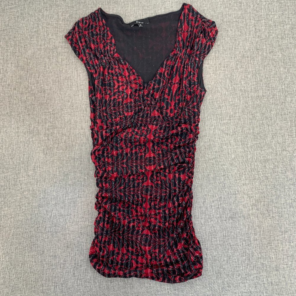 Express Red Black Shimmery Dress Slim Fit Ruched Medium Low V-Neck Nylon Metalli
